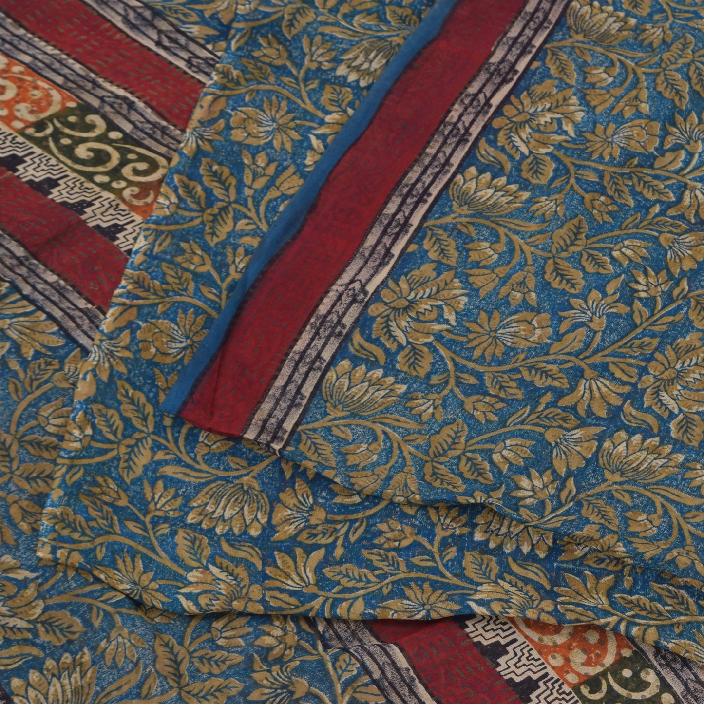 Sanskriti Vintage Sarees Blue Pure Georgette Silk Printed Sari 5+yd Craft Sustainable Fabric