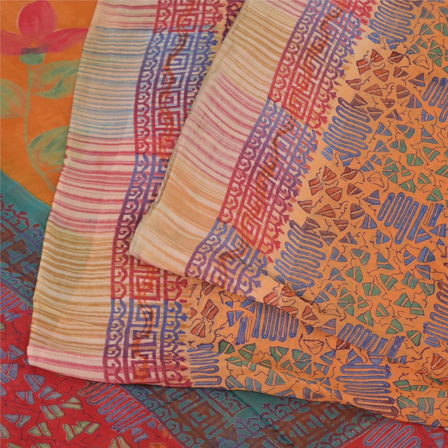 Sanskriti Vintage Sarees Orange/Red Pure Georgette Silk Printed Sari 5+yd Sustainable Fabric