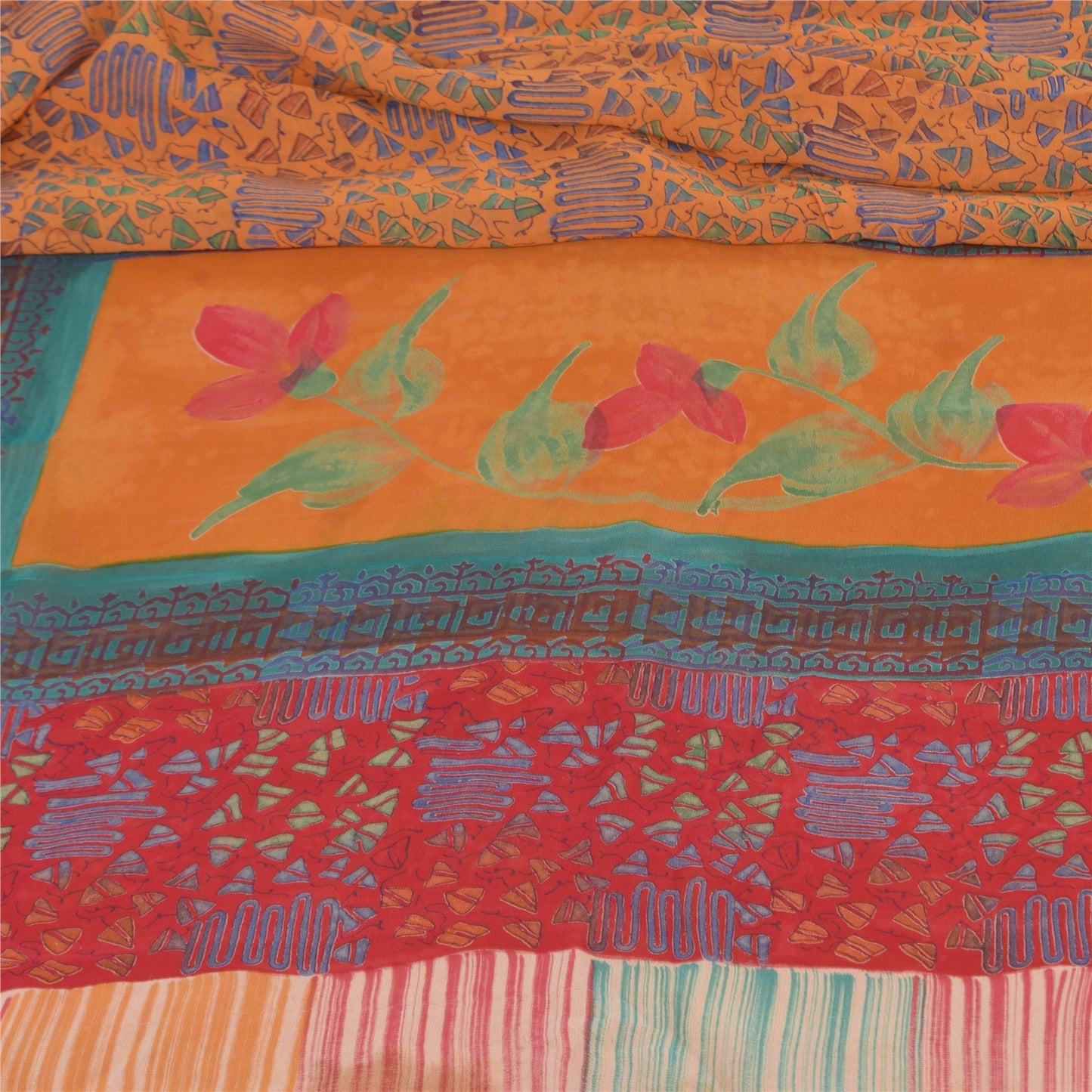 Sanskriti Vintage Sarees Orange/Red Pure Georgette Silk Printed Sari 5+yd Sustainable Fabric