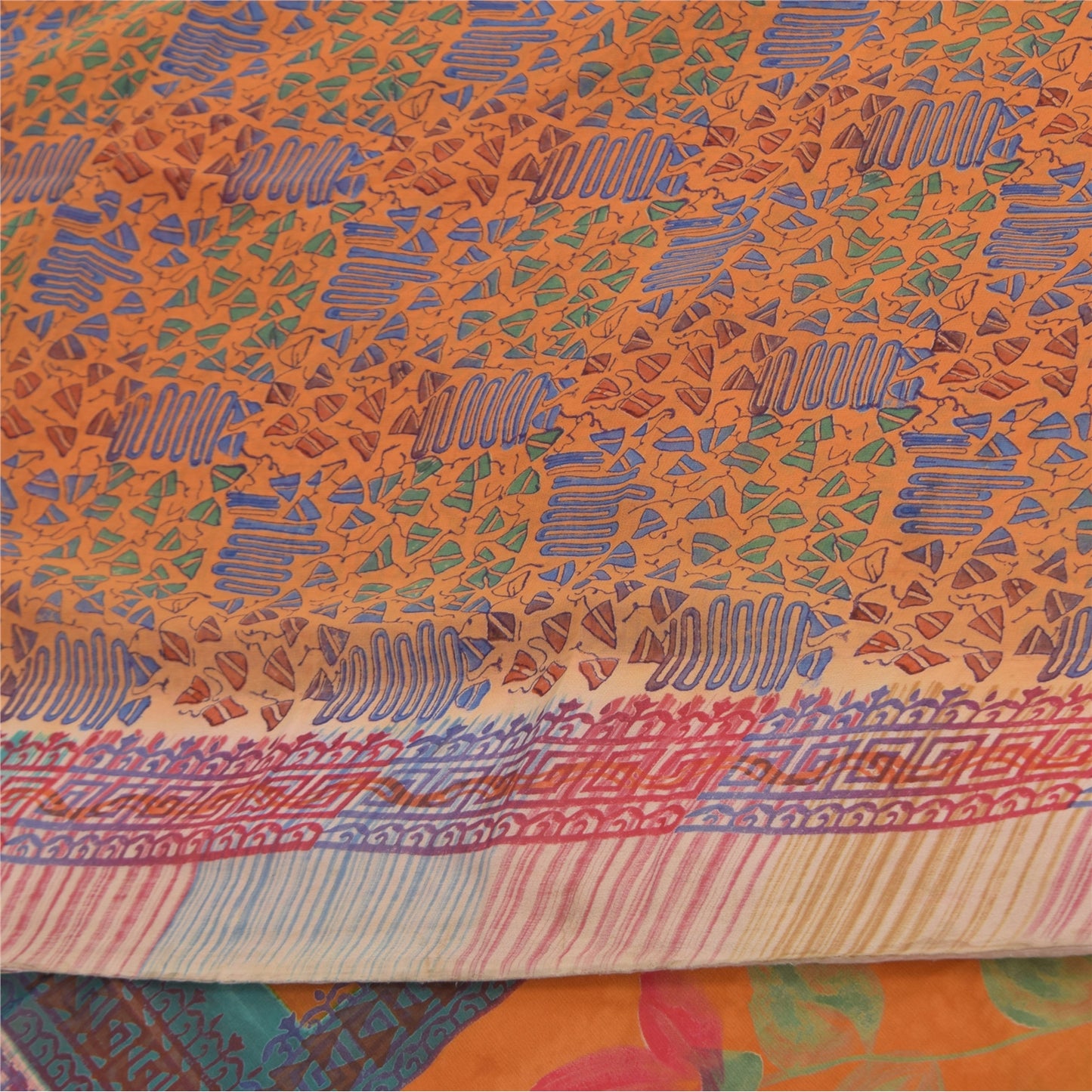 Sanskriti Vintage Sarees Orange/Red Pure Georgette Silk Printed Sari 5+yd Sustainable Fabric