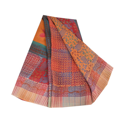 Sanskriti Vintage Sarees Orange/Red Pure Georgette Silk Printed Sari 5+yd Sustainable Fabric