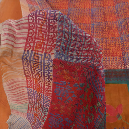 Sanskriti Vintage Sarees Orange/Red Pure Georgette Silk Printed Sari 5+yd Sustainable Fabric