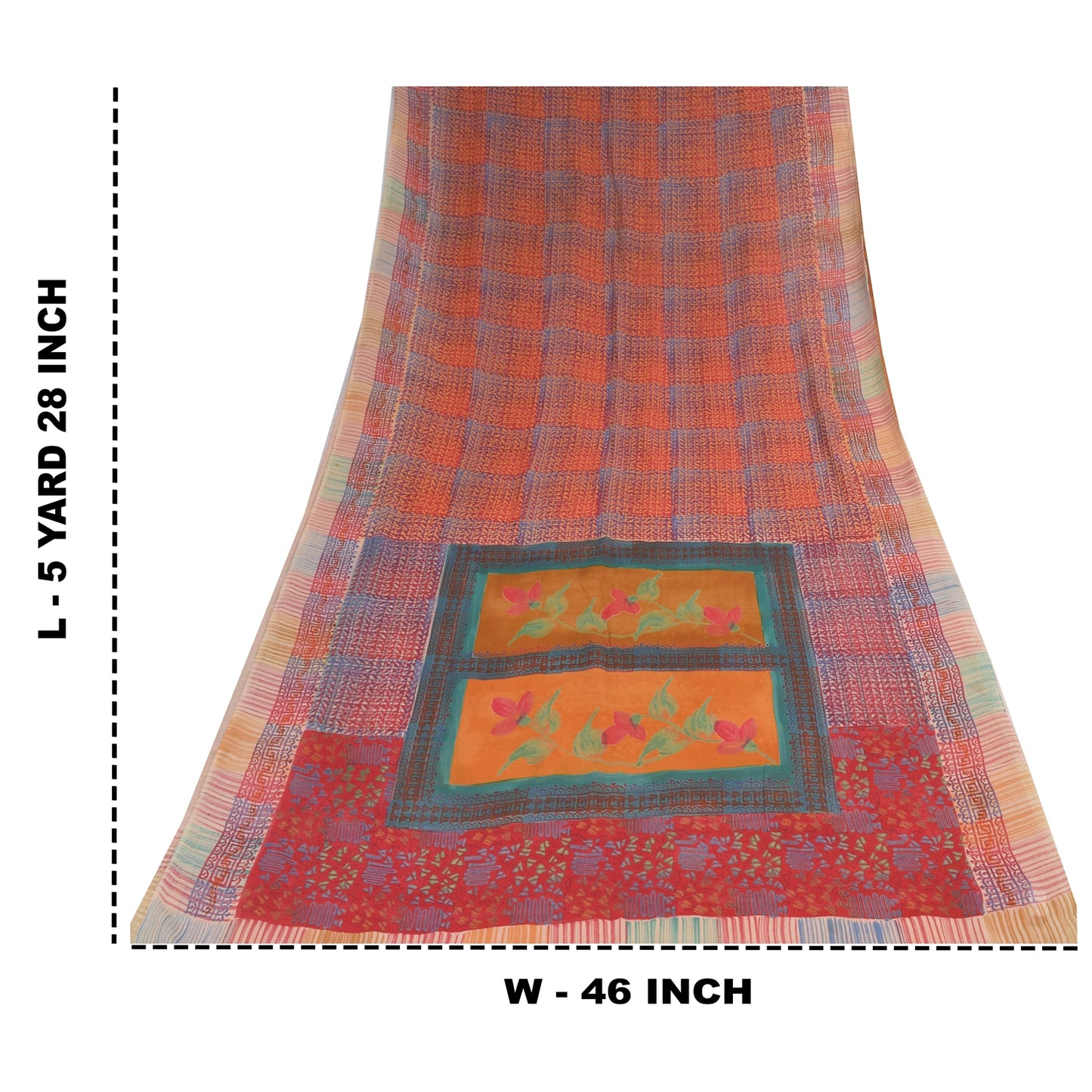Sanskriti Vintage Sarees Orange/Red Pure Georgette Silk Printed Sari 5+yd Sustainable Fabric