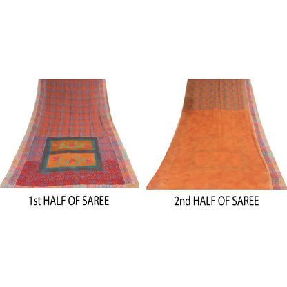 Sanskriti Vintage Sarees Orange/Red Pure Georgette Silk Printed Sari 5+yd Sustainable Fabric