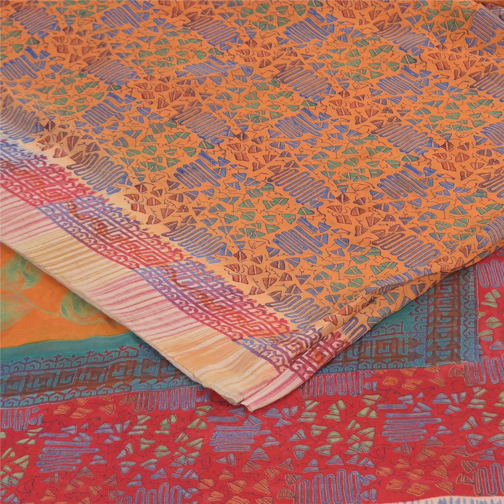Sanskriti Vintage Sarees Orange/Red Pure Georgette Silk Printed Sari 5+yd Sustainable Fabric
