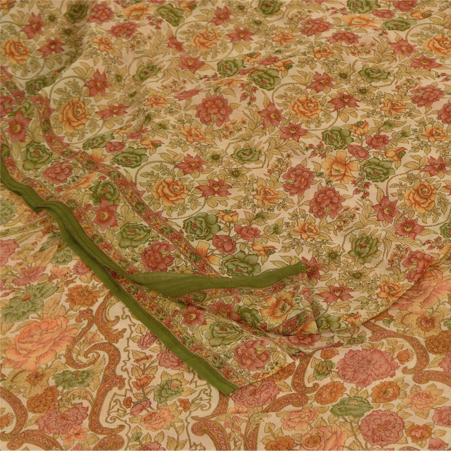 Sanskriti Vintage Sarees Cream 100% Pure Georgette Print Sari 5+yd Craft Sustainable Fabric