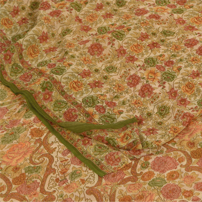 Sanskriti Vintage Sarees Cream 100% Pure Georgette Print Sari 5+yd Craft Sustainable Fabric