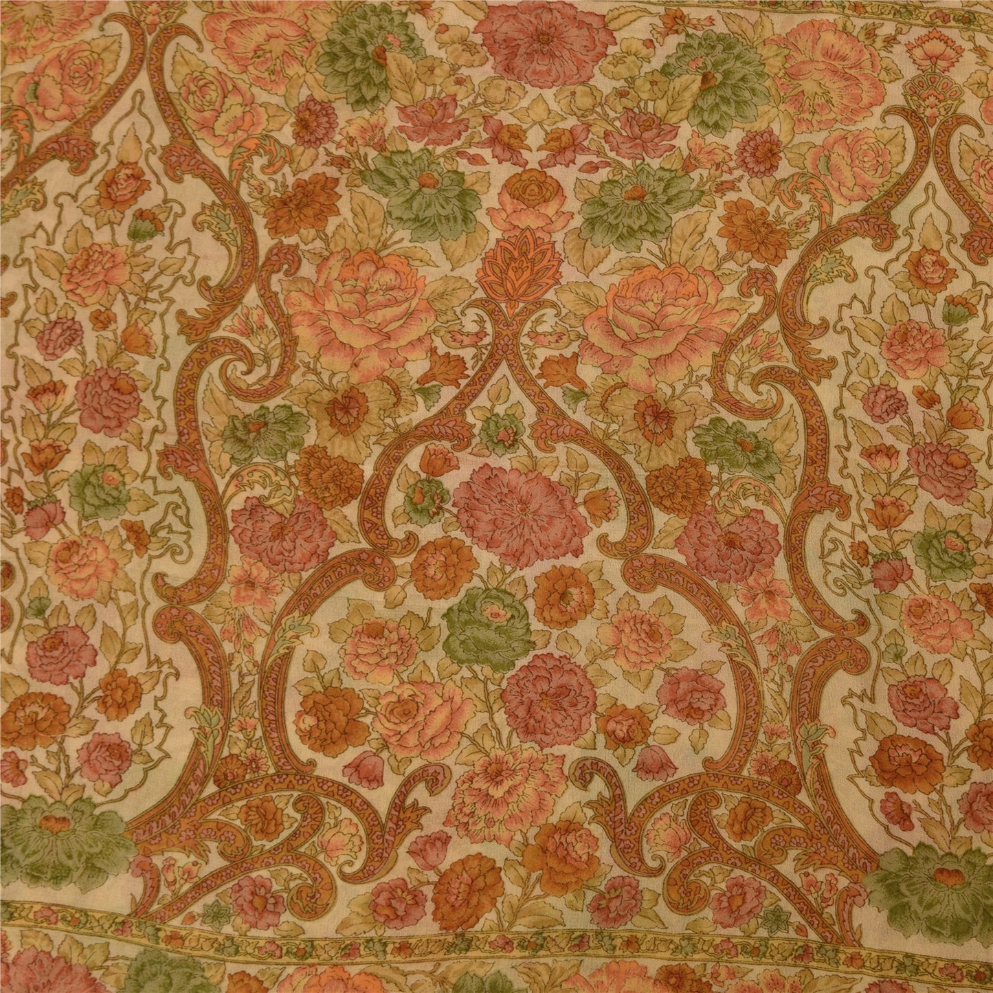 Sanskriti Vintage Sarees Cream 100% Pure Georgette Print Sari 5+yd Craft Sustainable Fabric