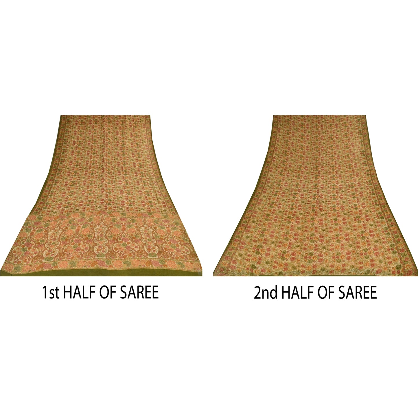 Sanskriti Vintage Sarees Cream 100% Pure Georgette Print Sari 5+yd Craft Sustainable Fabric