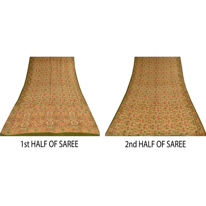 Sanskriti Vintage Sarees Cream 100% Pure Georgette Print Sari 5+yd Craft Sustainable Fabric