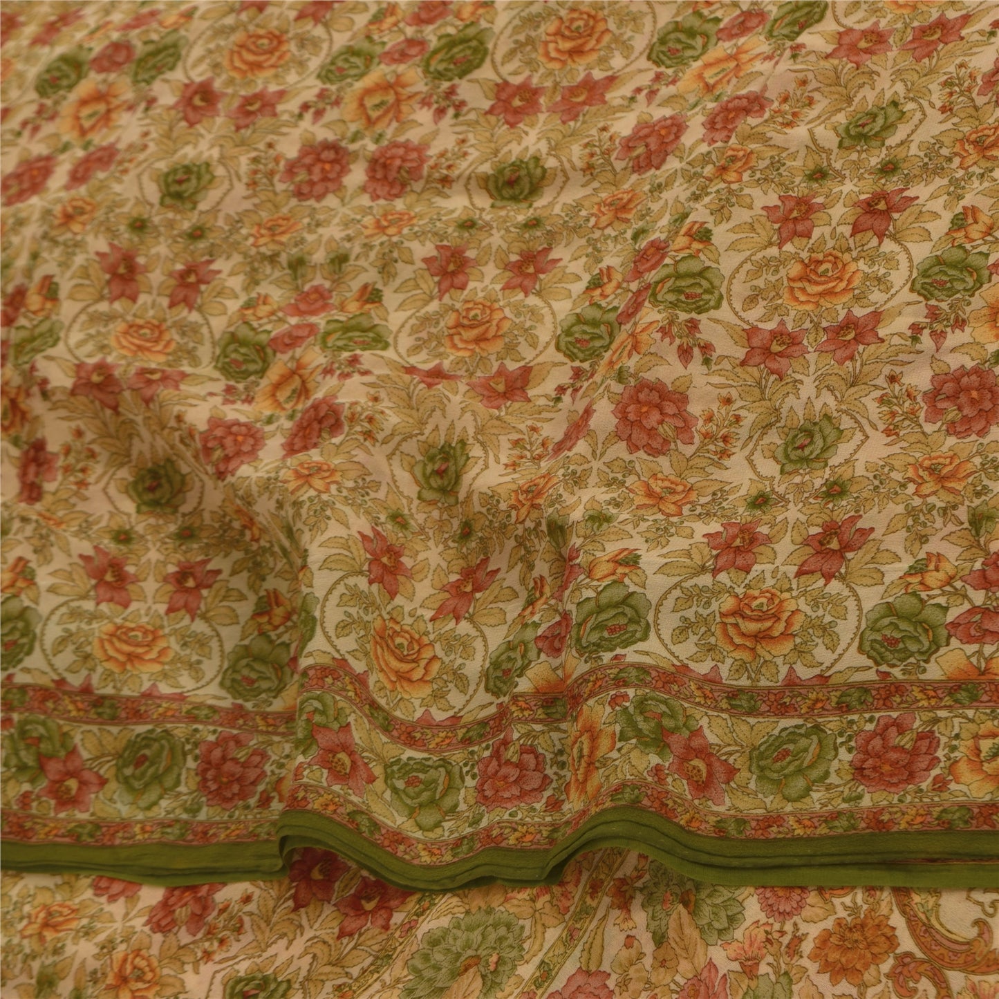 Sanskriti Vintage Sarees Cream 100% Pure Georgette Print Sari 5+yd Craft Sustainable Fabric