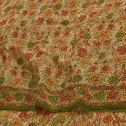 Sanskriti Vintage Sarees Cream 100% Pure Georgette Print Sari 5+yd Craft Sustainable Fabric