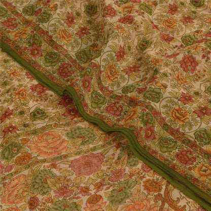 Sanskriti Vintage Sarees Cream 100% Pure Georgette Print Sari 5+yd Craft Sustainable Fabric