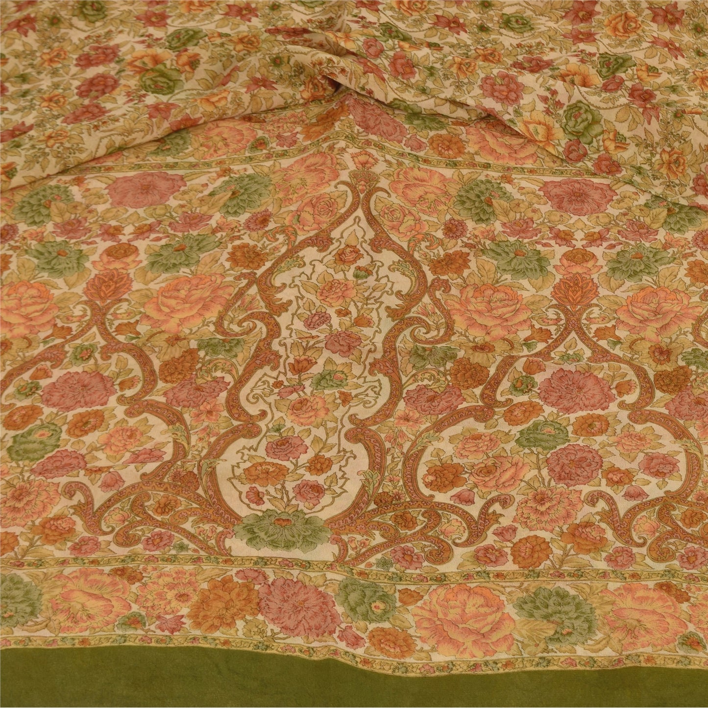 Sanskriti Vintage Sarees Cream 100% Pure Georgette Print Sari 5+yd Craft Sustainable Fabric