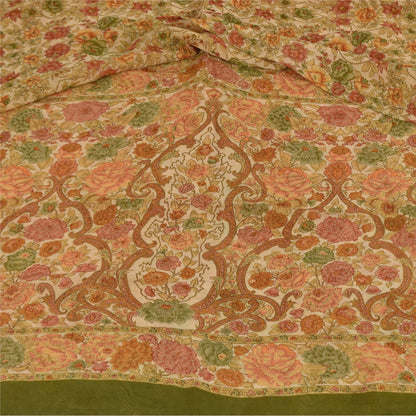 Sanskriti Vintage Sarees Cream 100% Pure Georgette Print Sari 5+yd Craft Sustainable Fabric