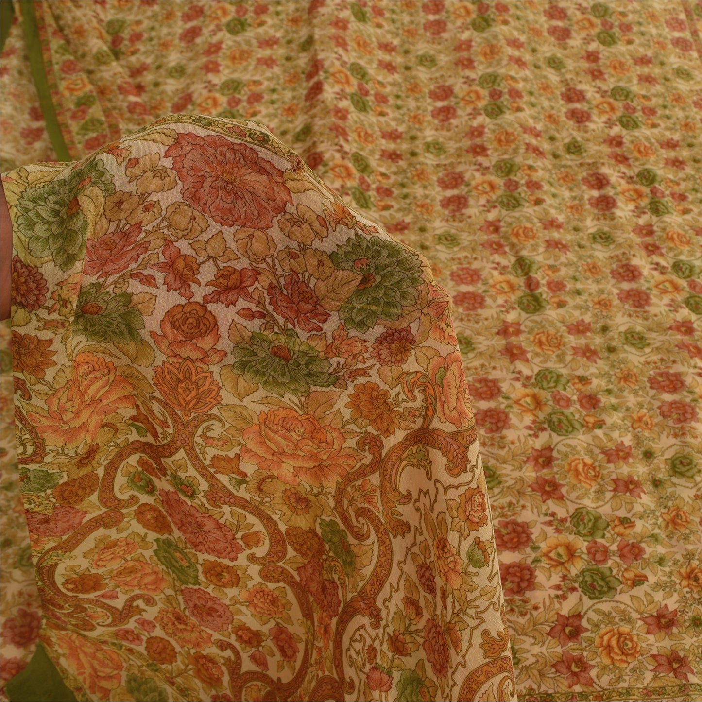 Sanskriti Vintage Sarees Cream 100% Pure Georgette Print Sari 5+yd Craft Sustainable Fabric