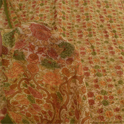 Sanskriti Vintage Sarees Cream 100% Pure Georgette Print Sari 5+yd Craft Sustainable Fabric