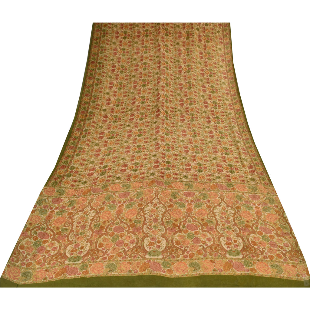 Sanskriti Vintage Sarees Cream 100% Pure Georgette Print Sari 5+yd Craft Sustainable Fabric