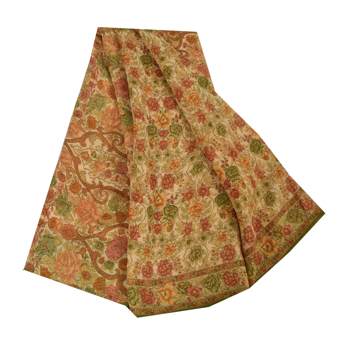 Sanskriti Vintage Sarees Cream 100% Pure Georgette Print Sari 5+yd Craft Sustainable Fabric