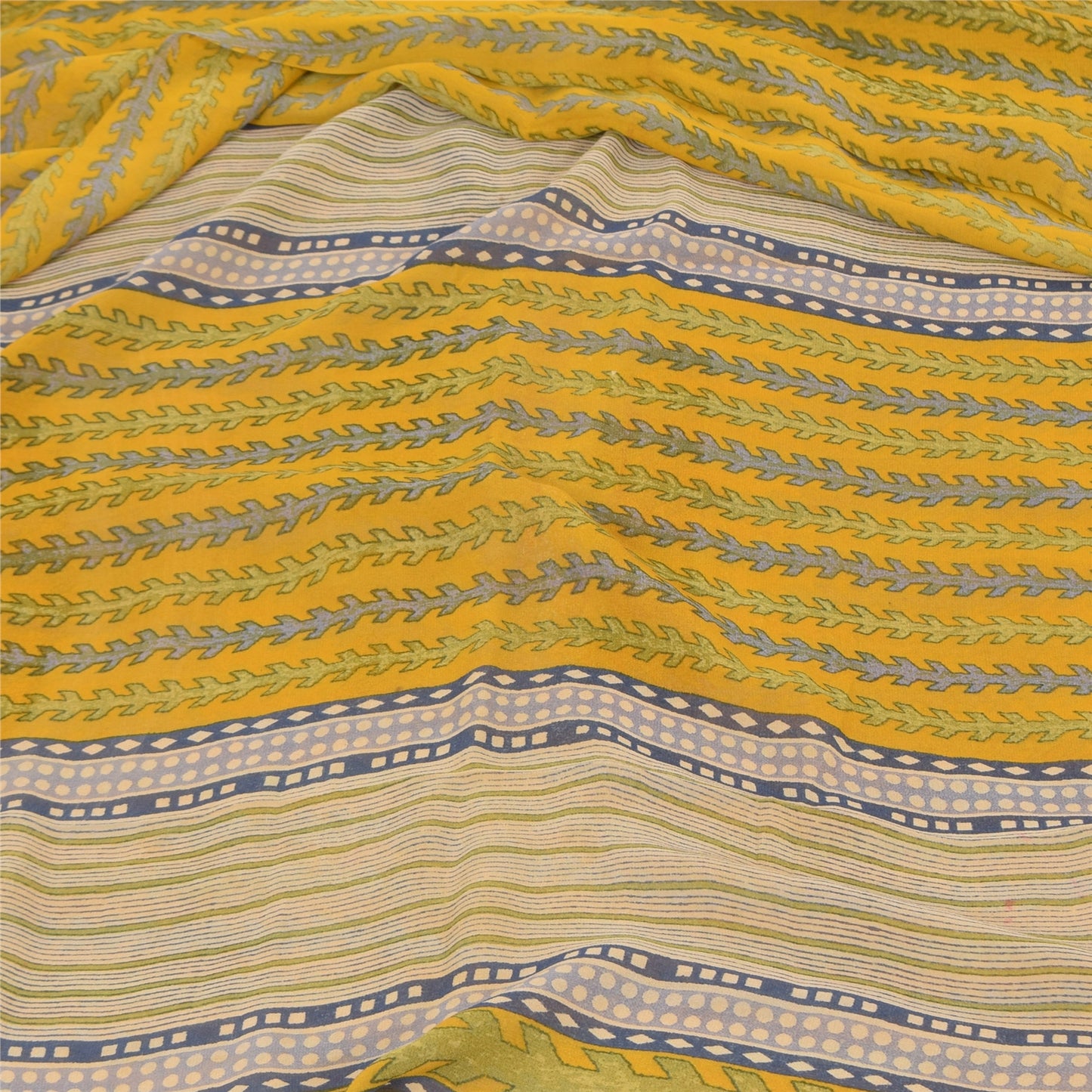 Sanskriti Vintage Sarees Yellow Pure Georgette Silk Print Sari 6+yd Craft Sustainable Fabric
