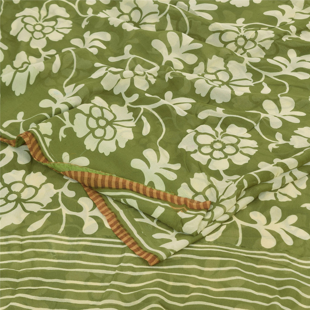Sanskriti Vintage Sarier Grønne Sari Med Ren Georgette Silkeprint 5+ yards Håndværksmæssigt Bæredygtigt Stoff
