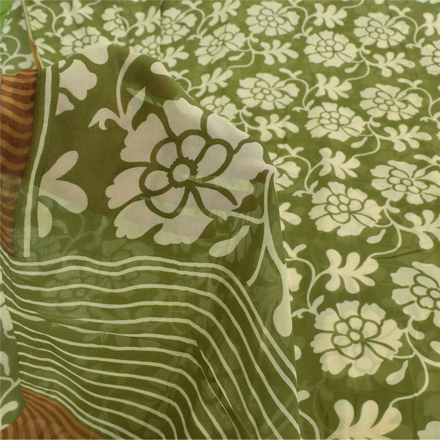 Sanskriti Vintage Sarees Green Pure Georgette Silk Print Sari 5+yd Craft Sustainable Fabric