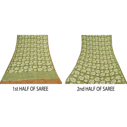 Sanskriti Vintage Sarees Green Pure Georgette Silk Print Sari 5+yd Craft Sustainable Fabric