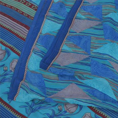 Sanskriti Vintage Sarees Blue Pure Georgette Silk Printed Sari 5+yd Craft Sustainable Fabric