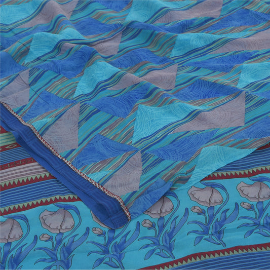 Sanskriti Vintage Sarees Blue Pure Georgette Silk Printed Sari 5+yd Craft Sustainable Fabric