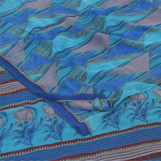 Sanskriti Vintage Sarees Blue Pure Georgette Silk Printed Sari 5+yd Craft Sustainable Fabric