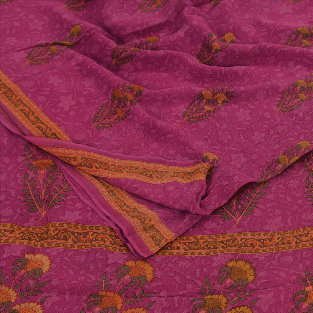 Sanskriti Vintage Sarees Hot Pink Pure Georgette Printed Sari 6yd Craft Sustainable Fabric