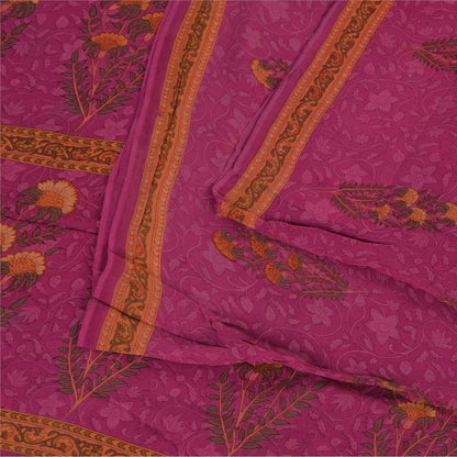 Sanskriti Vintage Sarees Hot Pink Pure Georgette Printed Sari 6yd Craft Sustainable Fabric