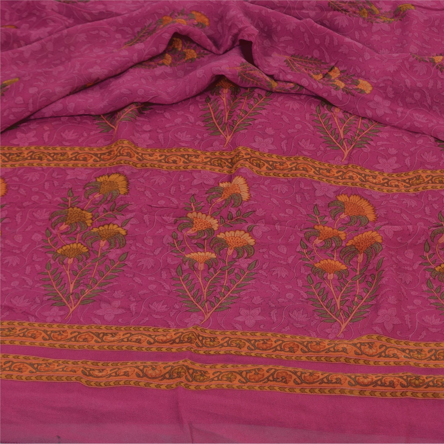 Sanskriti Vintage Sarees Hot Pink Pure Georgette Printed Sari 6yd Craft Sustainable Fabric