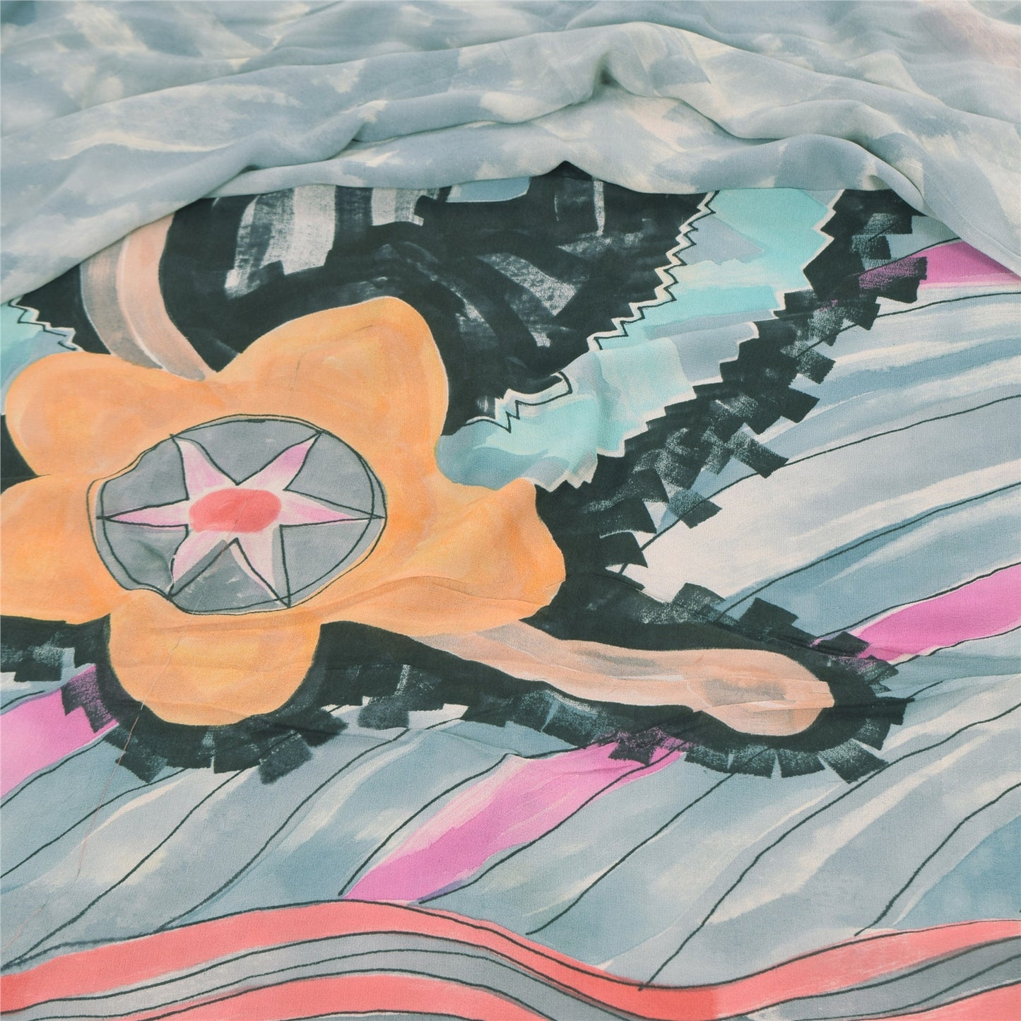 Sanskriti Vintage Sarees Gray/Pink Pure Georgette Printed Sari 5+yd Craft Sustainable Fabric