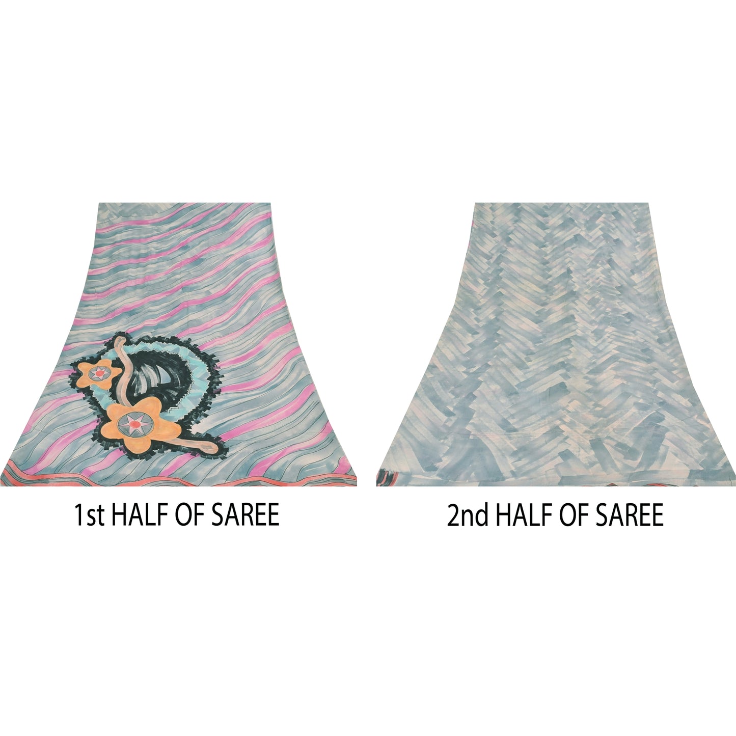 Sanskriti Vintage Sarees Gray/Pink Pure Georgette Printed Sari 5+yd Craft Sustainable Fabric