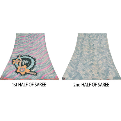 Sanskriti Vintage Sarees Gray/Pink Pure Georgette Printed Sari 5+yd Craft Sustainable Fabric