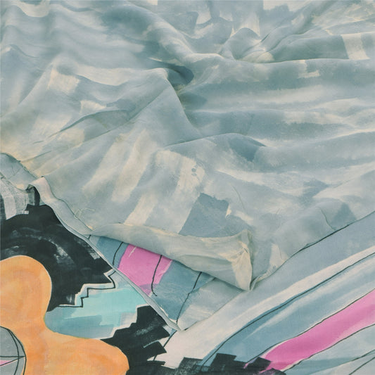 Сари Sanskriti Vintage, серое/розовое, чистый жоржет, напечатанное сари, 5+ ярдов, ткань для рукоделия из экологически чистой ткани