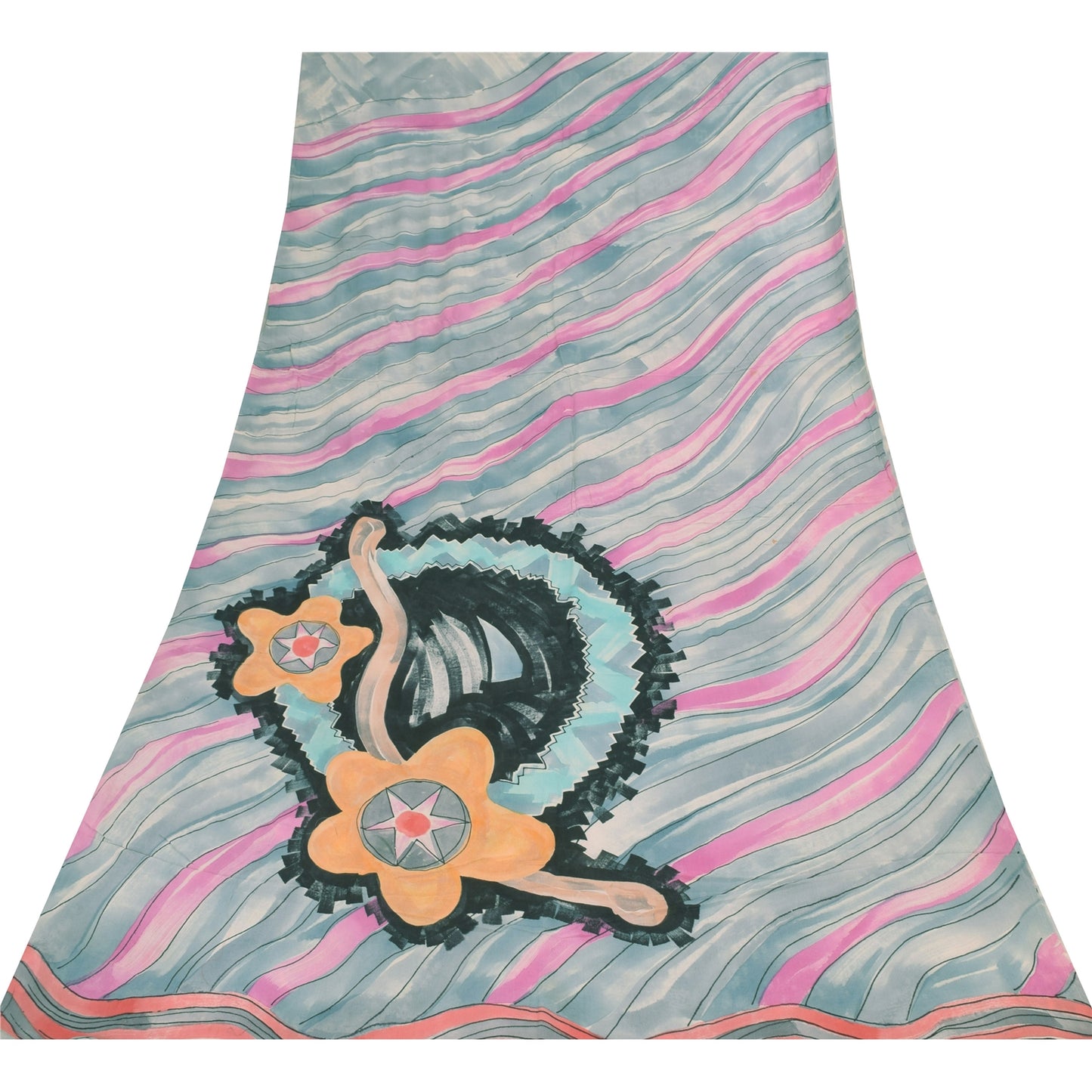 Sanskriti Vintage Sarees Gray/Pink Pure Georgette Printed Sari 5+yd Craft Sustainable Fabric