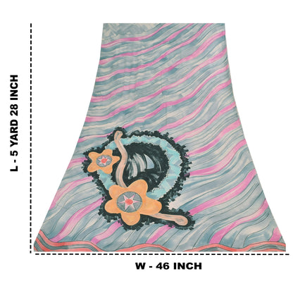 Sanskriti Vintage Sarees Gray/Pink Pure Georgette Printed Sari 5+yd Craft Sustainable Fabric