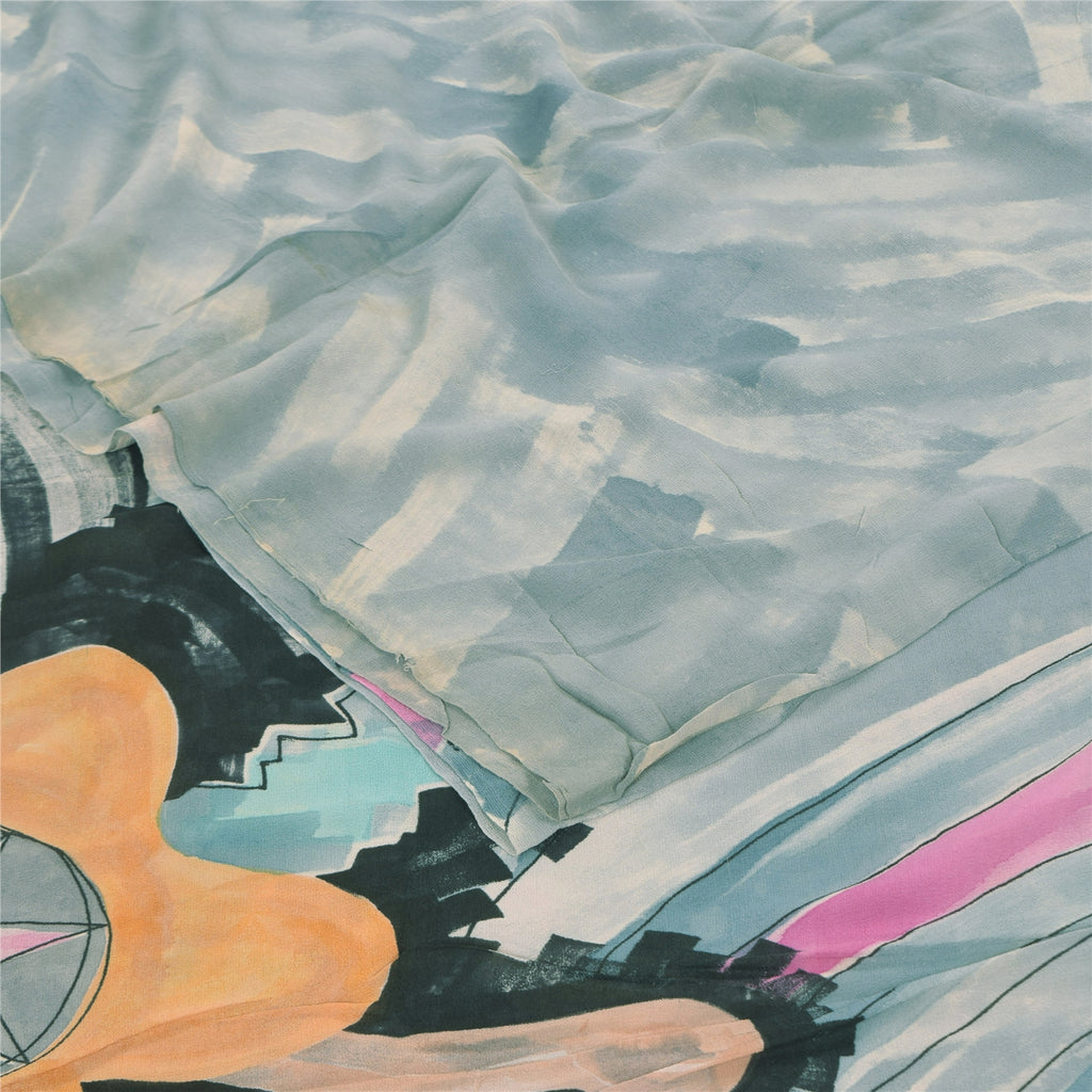 Sanskriti Vintage Sarees Gray/Pink Pure Georgette Printed Sari 5+yd Craft Sustainable Fabric