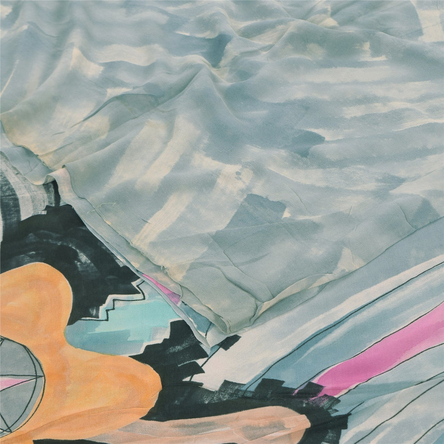 Sanskriti Vintage Sarees Gray/Pink Pure Georgette Printed Sari 5+yd Craft Sustainable Fabric