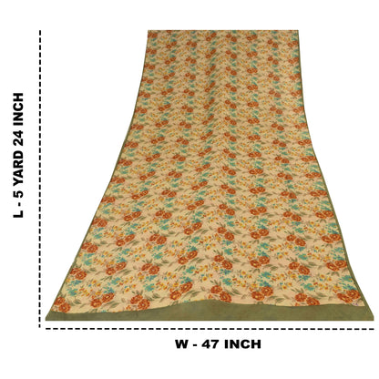 Sanskriti Vintage Sarees Cream Pure Georgette Silk Print Sari 5+yd Craft Sustainable Fabric
