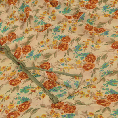 Sanskriti Vintage Sarees Cream Pure Georgette Silk Print Sari 5+yd Craft Sustainable Fabric