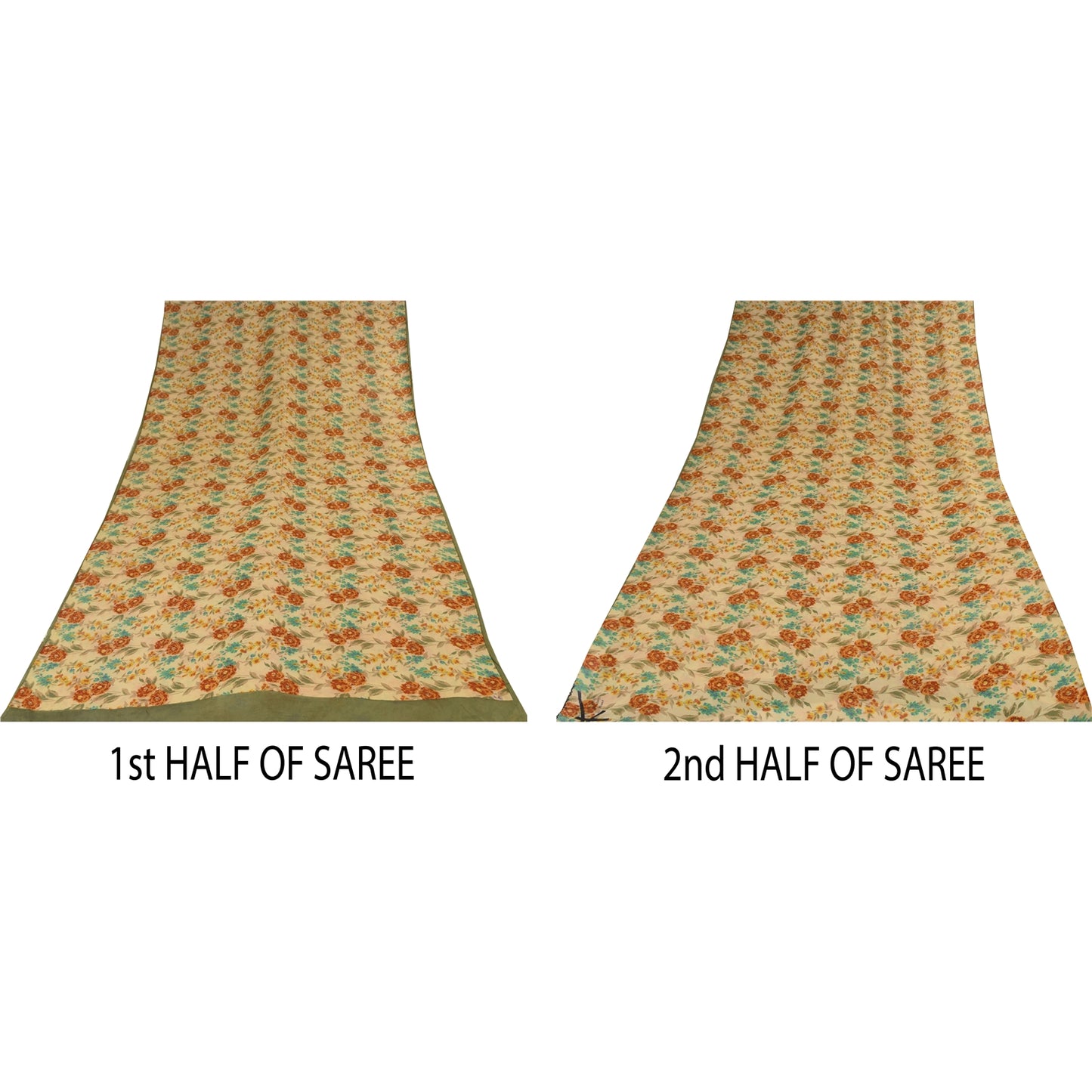 Sanskriti Vintage Sarees Cream Pure Georgette Silk Print Sari 5+yd Craft Sustainable Fabric