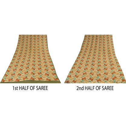 Sanskriti Vintage Sarees Cream Pure Georgette Silk Print Sari 5+yd Craft Sustainable Fabric
