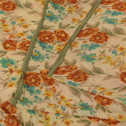 Sanskriti Vintage Sarees Cream Pure Georgette Silk Print Sari 5+yd Craft Sustainable Fabric