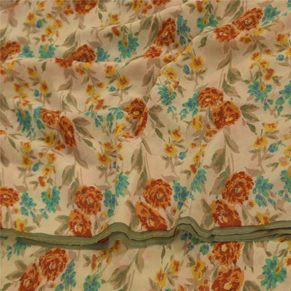 Sanskriti Vintage Sarees Cream Pure Georgette Silk Print Sari 5+yd Craft Sustainable Fabric
