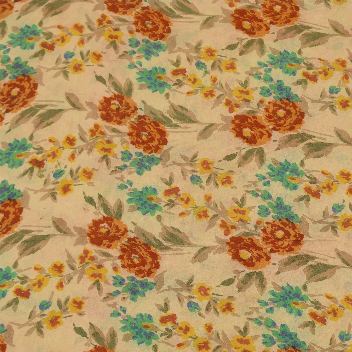 Sanskriti Vintage Sarees Cream Pure Georgette Silk Print Sari 5+yd Craft Sustainable Fabric