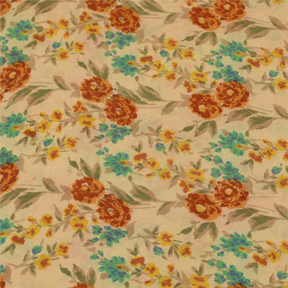 Sanskriti Vintage Sarees Cream Pure Georgette Silk Print Sari 5+yd Craft Sustainable Fabric