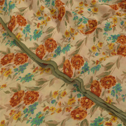 Sanskriti Vintage Sarees Cream Pure Georgette Silk Print Sari 5+yd Craft Sustainable Fabric